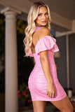 Corset rose Robe courte de bal froncée serrée avec volants