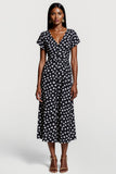 Robe de travail midi à pois noirs à col en V