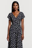 Robe de travail midi à pois noirs à col en V