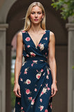 Robe de travail midi à imprimé floral bleu foncé