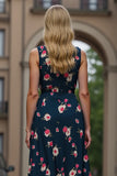 Robe de travail midi à imprimé floral bleu foncé