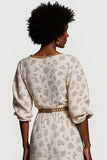 Robe de travail imprimée à demi-manches et col en V abricot avec ceinture