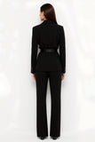 Noir 2 pièces à revers en pointe ajusté femmes costumes avec ceintures
