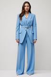 Bleu 2 pièces pointe revers femmes costumes avec ceinture