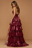 Robe longue de fête de vacances à volants à volants bordeaux bordeaux scintillant avec fente