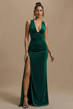 Robe de fête de Noël longue à col en V vert foncé avec fente