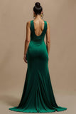 Robe de fête de Noël longue à col en V vert foncé avec fente
