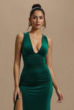 Robe de fête de Noël longue à col en V vert foncé avec fente