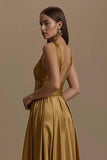 Robe longue de fête de Noël dos nu en satin doré à col en V