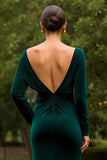 Velours vert foncé froncé manches longues robe de fête avec fente
