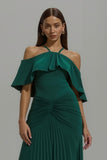 Robe longue de fête plissée dos nu vert foncé avec volants
