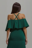 Robe longue de fête plissée dos nu vert foncé avec volants
