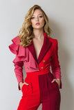 Rouge Rose Bourgogne Patchwork 2 Pièce Cranched Revers Femmes Costumes avec Volants