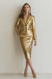 Sparkly Golden Pencil Robe de travail 2 pièces à paillettes avec poches