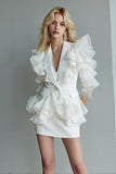 Robe de travail courte blanche 2 pièces à revers châle avec volants