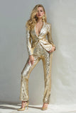 Sparkly Golden 2 Piece Paillettes Cranté Revers Femmes Costumes de Bal