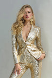 Sparkly Golden 2 Piece Paillettes Cranté Revers Femmes Costumes de Bal