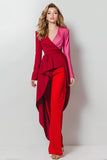 Rouge 2 Pièce Satin Châle Revers Femmes Bal Costumes avec Manches