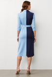 Robe blazer midi à revers en patchwork bleu marine avec nœud