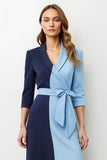 Robe blazer midi à revers en patchwork bleu marine avec nœud