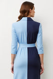 Robe blazer midi à revers en patchwork bleu marine avec nœud