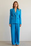 Bleu 2 Pièce Cranté Revers Satin Femmes Bal Costumes