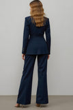 Marine 2 Pièce Satin Cranté Revers Femmes Costumes de Bal
