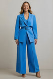 Bleu Cranté Revers 2 Pièces Femmes Bal Costumes avec Ceintures