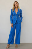 Costumes d’affaires 2 pièces en satin bleu à simple boutonnage avec poches