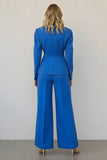 Costumes d’affaires 2 pièces en satin bleu à simple boutonnage avec poches