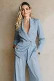 Costumes d’affaires 2 pièces gris bleu à revers crantés avec poches