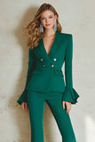 2 Pièce Satin Vert Foncé Double Boutonnage Rufflu Manches Femmes Costumes de Bal