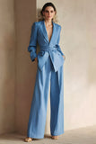 Bleu 2 pièces satin pointe revers costumes d’affaires avec ceinture