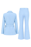 Costume d'affaires 2 pièces bleu en satin à revers en pointe avec ceinture