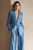 Bleu 2 pièces satin pointe revers costumes d’affaires avec ceinture