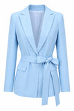 Costume d'affaires 2 pièces bleu en satin à revers en pointe avec ceinture