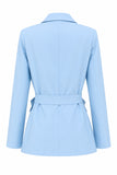Costume d'affaires 2 pièces bleu en satin à revers en pointe avec ceinture