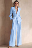 Costume d'affaires 2 pièces bleu en satin à revers en pointe avec ceinture