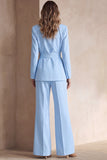 Costume d'affaires 2 pièces bleu en satin à revers en pointe avec ceinture