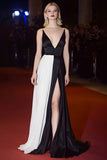 Noir Blanc Bretelles Spaghetti Satin A-ligne Robe de Gala Longue avec Fente