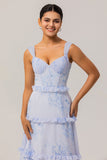 Bleu Floral Volanté Une Ligne Corset Longue Robe D’invitée De Mariage