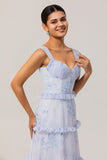 Bleu Floral Volanté Une Ligne Corset Longue Robe D’invitée De Mariage