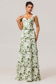 Robe de demoiselle d'honneur longue verte bustier floral à volants