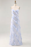 Fleur bleue spaghetti bretelles imprimé robe d’invité de mariage avec volants