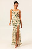 Robe de demoiselle d’honneur imprimée sirène florale champagne avec fente