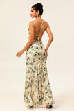 Robe de demoiselle d’honneur imprimée sirène florale champagne avec fente