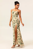 Robe de demoiselle d’honneur imprimée sirène florale champagne avec fente