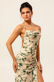 Robe de demoiselle d’honneur imprimée sirène florale champagne avec fente