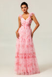 Blush Floral Une ligne à volants Tulle Robe de demoiselle d’honneur longue