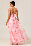 Blush Floral Une ligne à volants Tulle Robe de demoiselle d’honneur longue